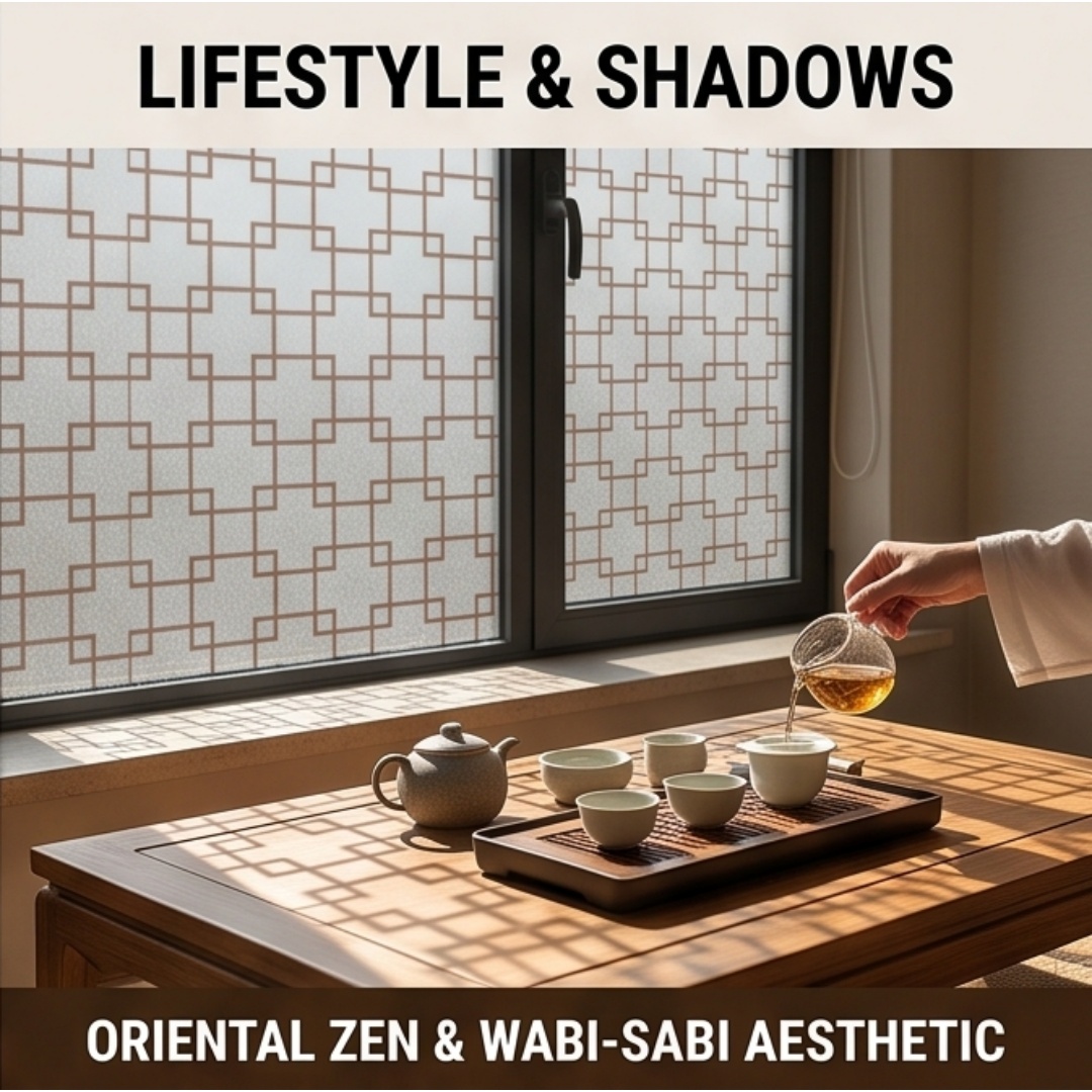 Window Insulation Film - Oosters roosterpatroon vierkante bedrukte matglasfolie zelfklevende